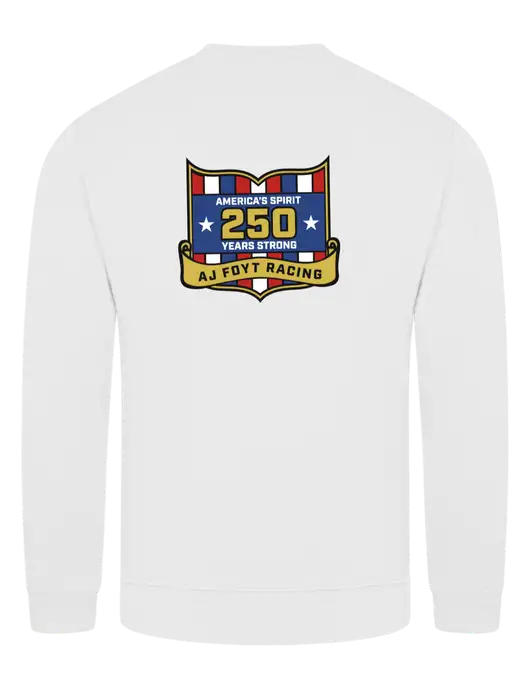 White 7.8 oz Ring Spun Crew Sweatshirt w/250th AJ Foyt Racing Logo, Homes For Our Troops