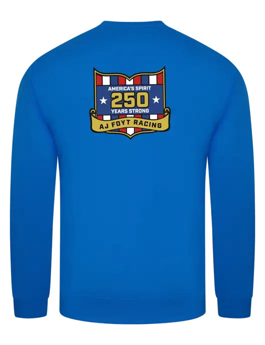 True Royal 9 oz 50/50 Cotton/Poly Crew Sweatshirt w/250th AJ Foyt Racing Logo, Homes For Our Troops