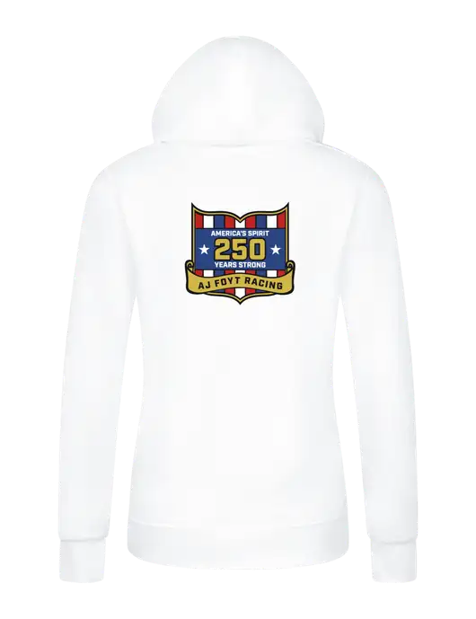 Womens White Core Fleece Pullover Hooded Sweatshirt w/250th AJ Foyt Racing Logo, Homes For Our Troops