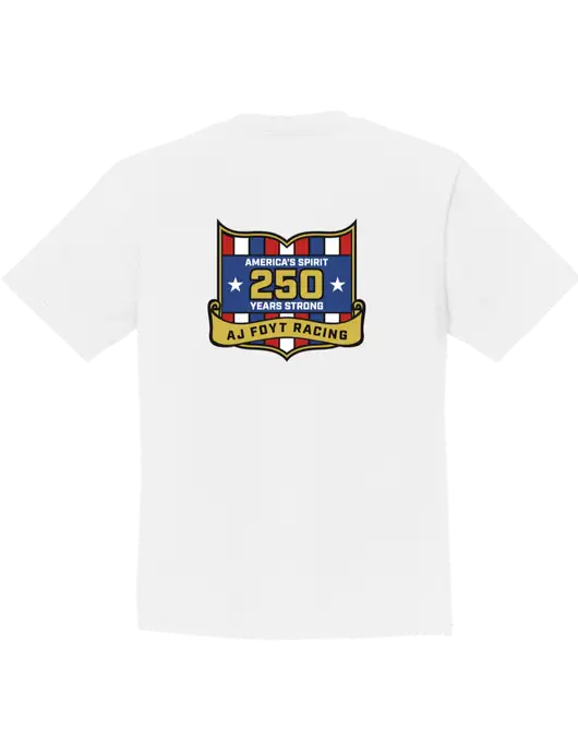 Youth Ring Spun White 4.5 oz T-Shirt w/250th AJ Foyt Racing Logo, Homes For Our Troops