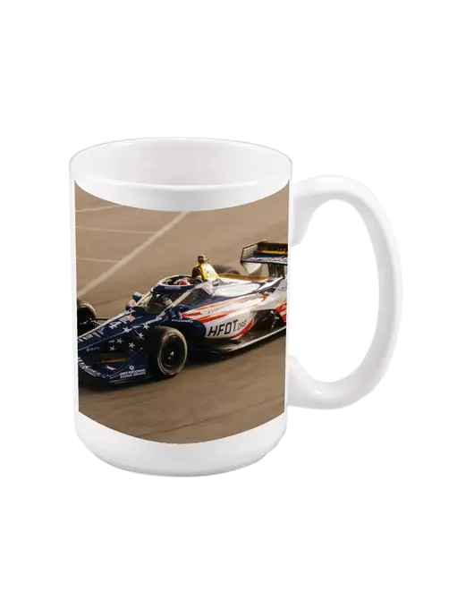 15 oz White Ceramic Mug w/Race Car on Track